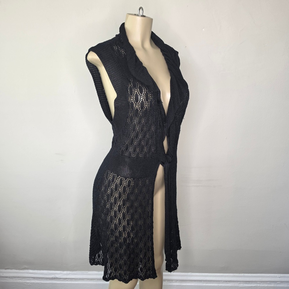 Chico's Vest Womens 3 Black Open Knit Crochet Longline Tie Front Cardigan